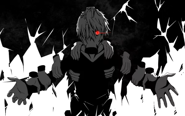 HD desktop wallpaper of Tomura Shigaraki from My Hero Academia, featuring him in a dark background with multiple outstretched hands and a red-eye accent.