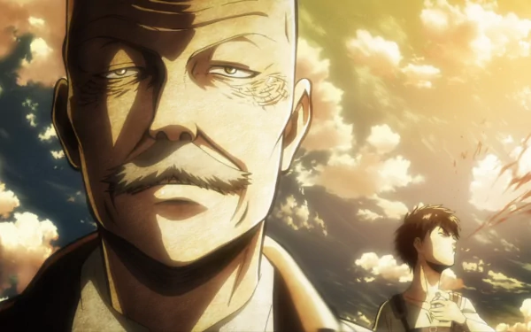 HD PC desktop wallpaper featuring Dot Pixis in the foreground and Eren Yeager in the background from the anime Attack on Titan, with a dramatic sunset sky.