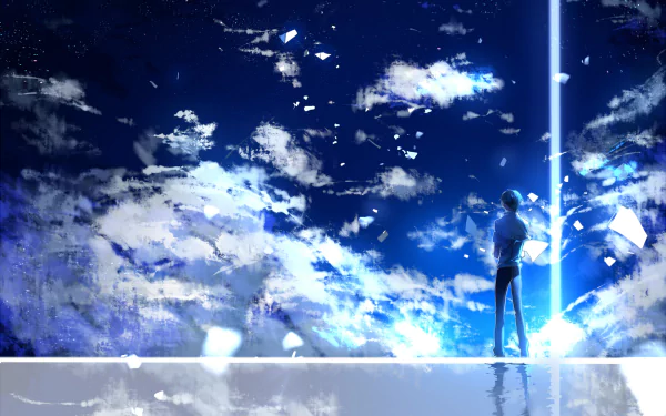 HD anime wallpaper featuring Hatsune Mikuo from Vocaloid standing under a vibrant sky illuminated by a striking vertical beam of light.