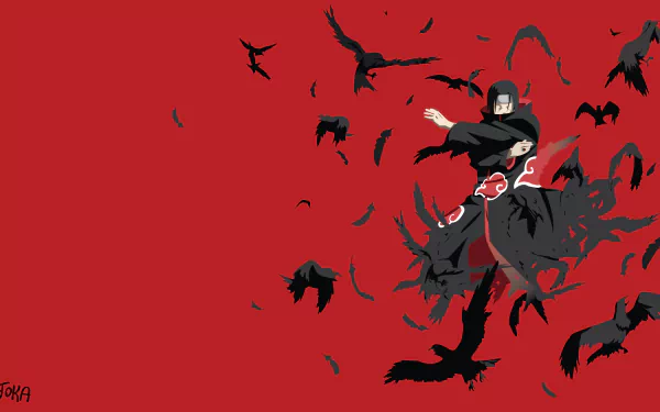 HD wallpaper featuring Itachi Uchiha from the anime Naruto, set against a red background with black crows flying around him.