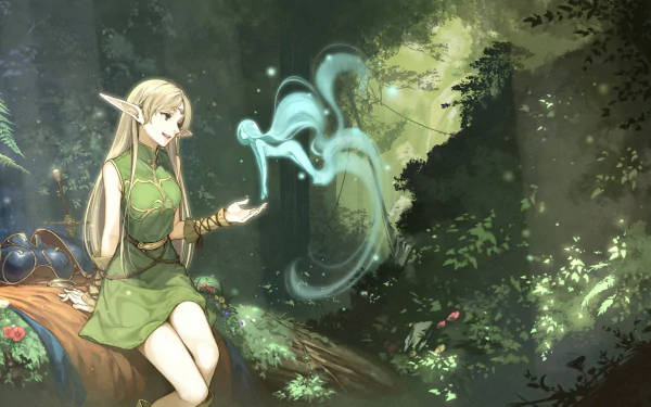 HD PC desktop wallpaper: Deedlit (Record of Lodoss War), an anime forest elf in a green dress sits on a log in sunlit woods, summoning a glowing blue spirit.
