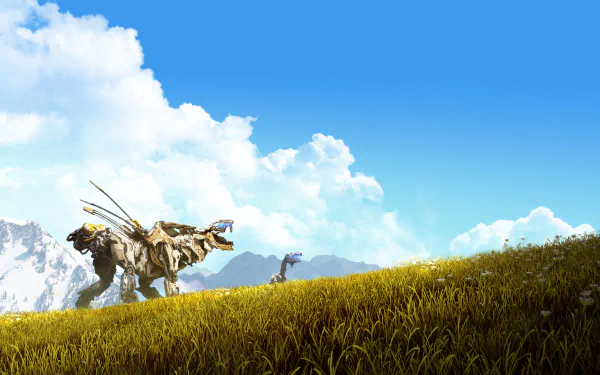 4K Ultra HD Horizon Zero Dawn wallpaper showing a robotic creature and a character in a grassy field under a bright blue sky with clouds, designed for PC desktops.
