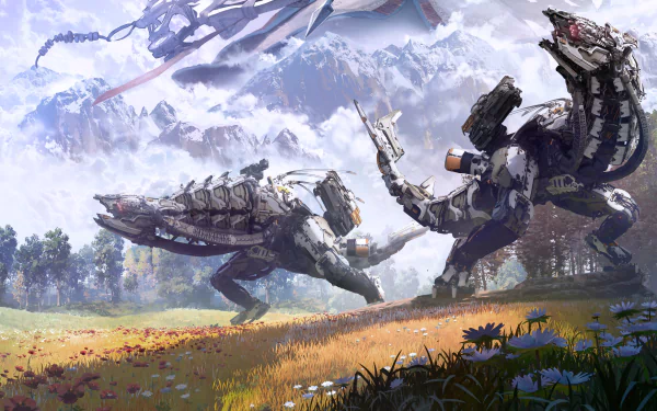 A 4K Ultra HD PC wallpaper featuring intense combat between robotic creatures in the video game Horizon Zero Dawn, set against a snowy mountain backdrop.