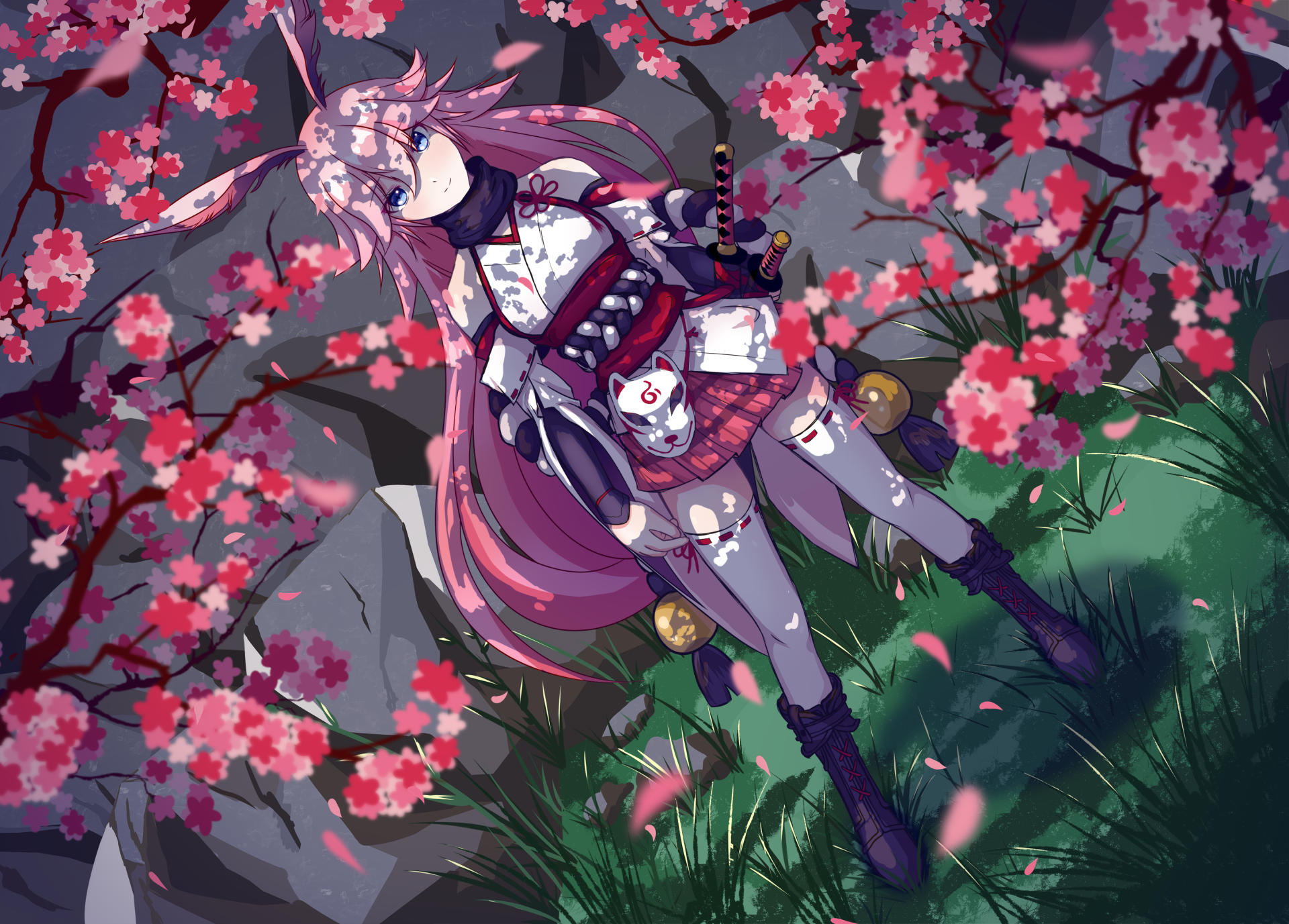 HD PC desktop wallpaper featuring Yae Sakura from Benghuai Xueyuan in an anime style, surrounded by vibrant cherry blossoms.