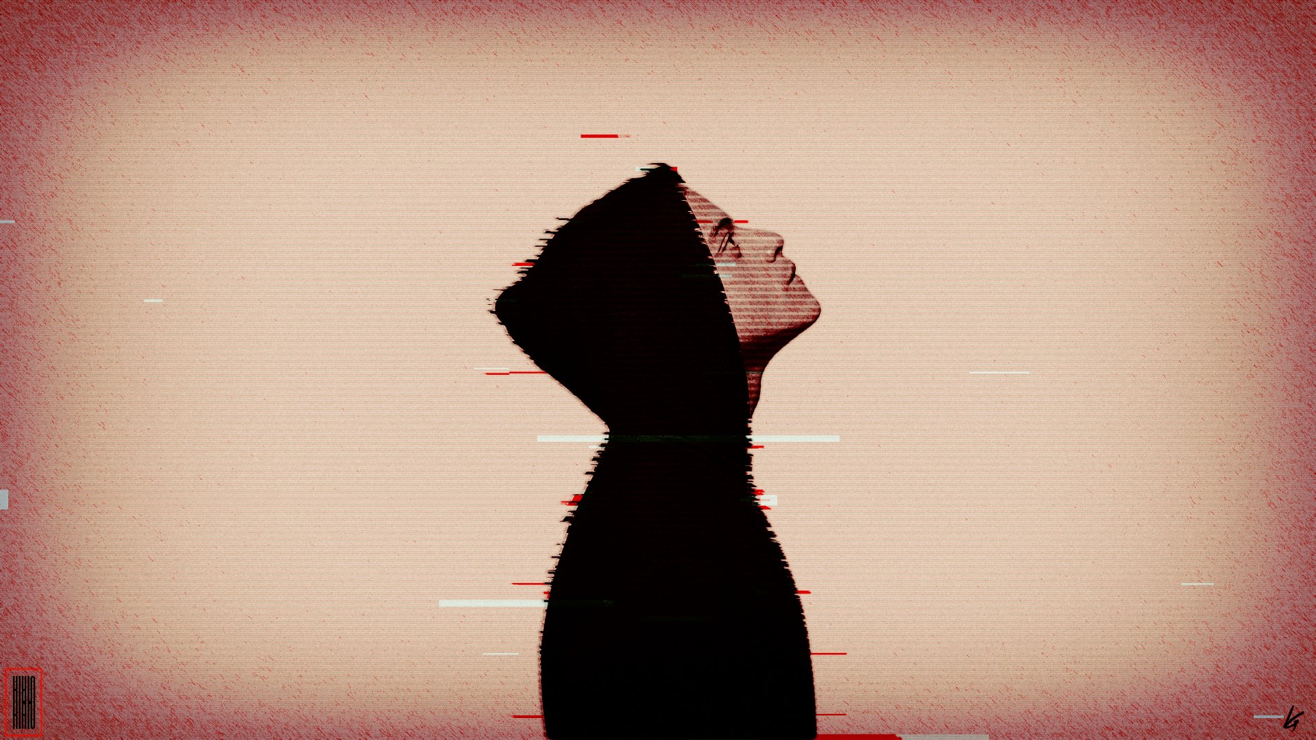 Glitch art style 4K Ultra HD wallpaper featuring a side profile of a hooded figure from the TV show Mr. Robot against a textured, muted background.
