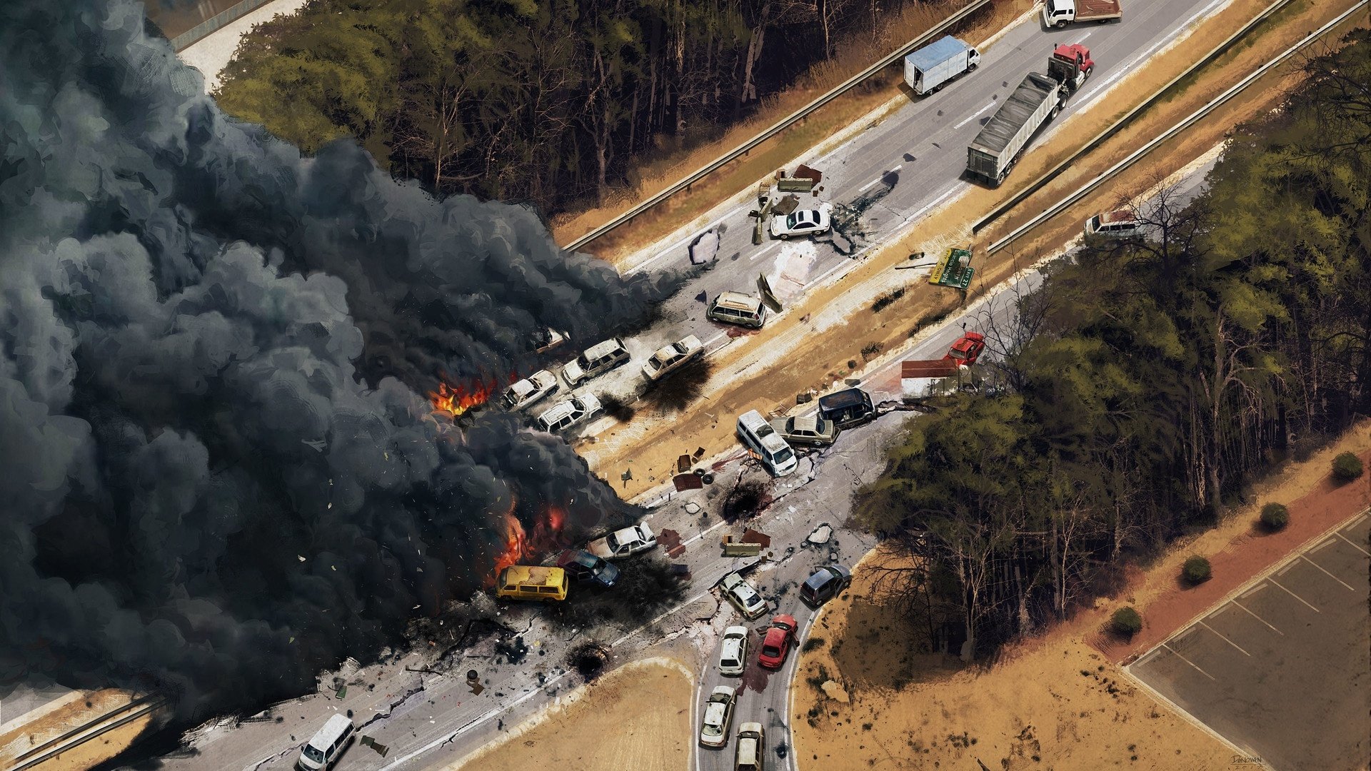 Download Road Smoke Fire Aerial Artistic Crash HD Wallpaper