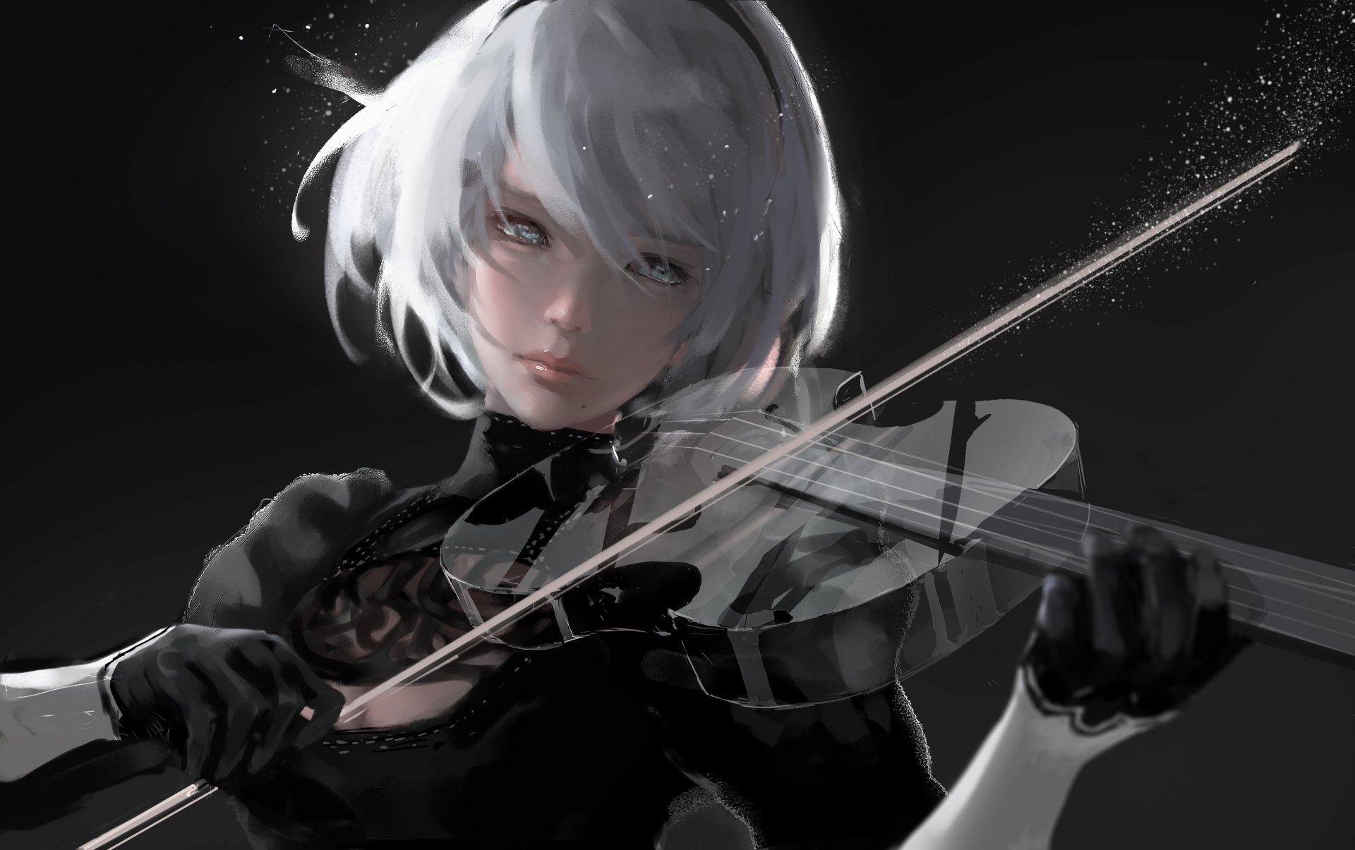 A HD desktop wallpaper featuring YoRHa No.2 Type B from the video game NieR: Automata, playing a violin against a dark background.
