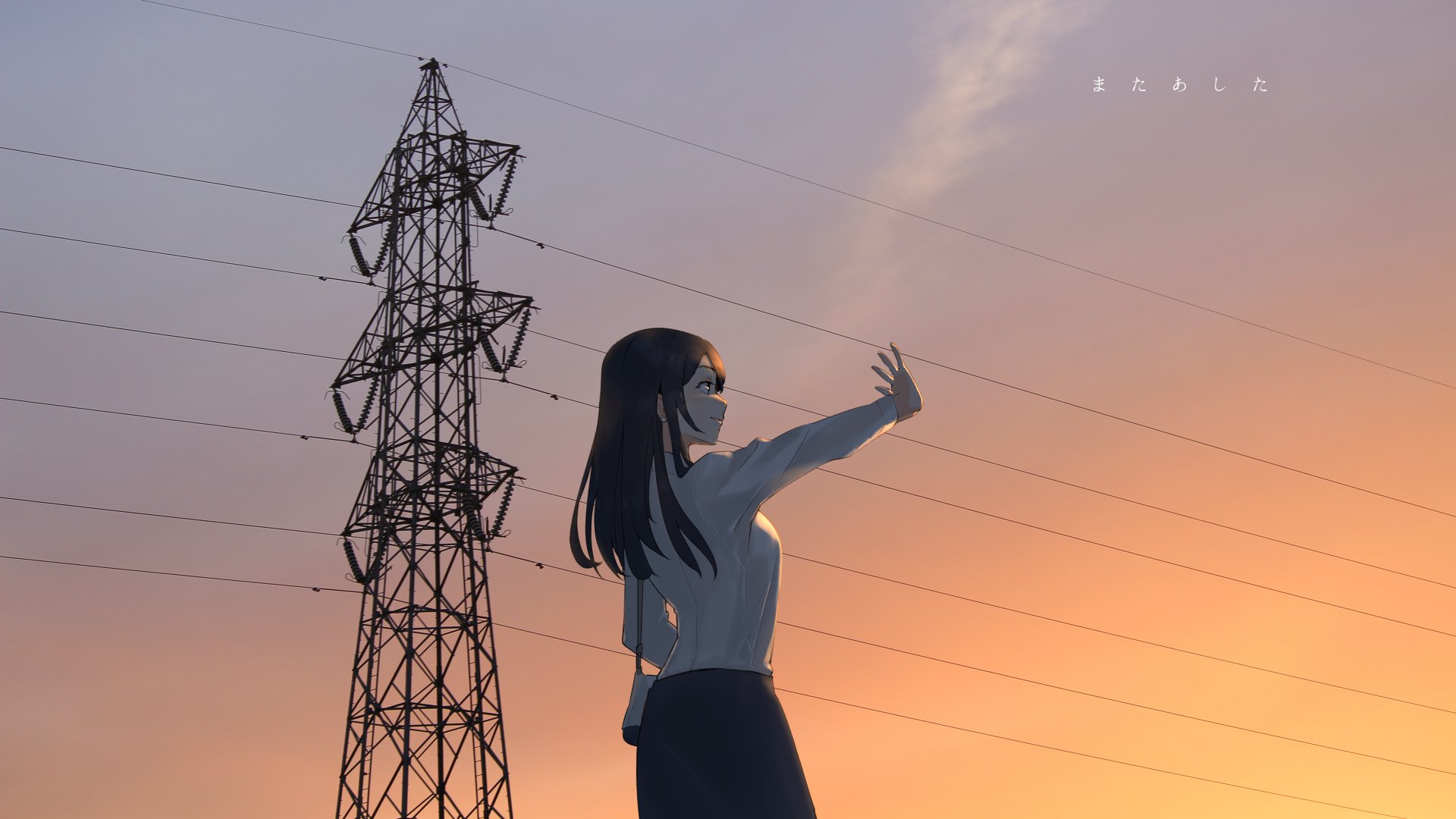 Anime original 4K Ultra HD PC desktop wallpaper of a young woman reaching toward a glowing sunset beside a towering power pylon against a gradient orange–purple sky.