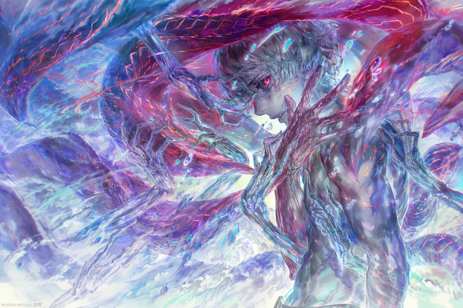 HD PC desktop wallpaper featuring Ken Kaneki from Tokyo Ghoul in a dynamic, colorful anime style with swirling red and blue energy effects.