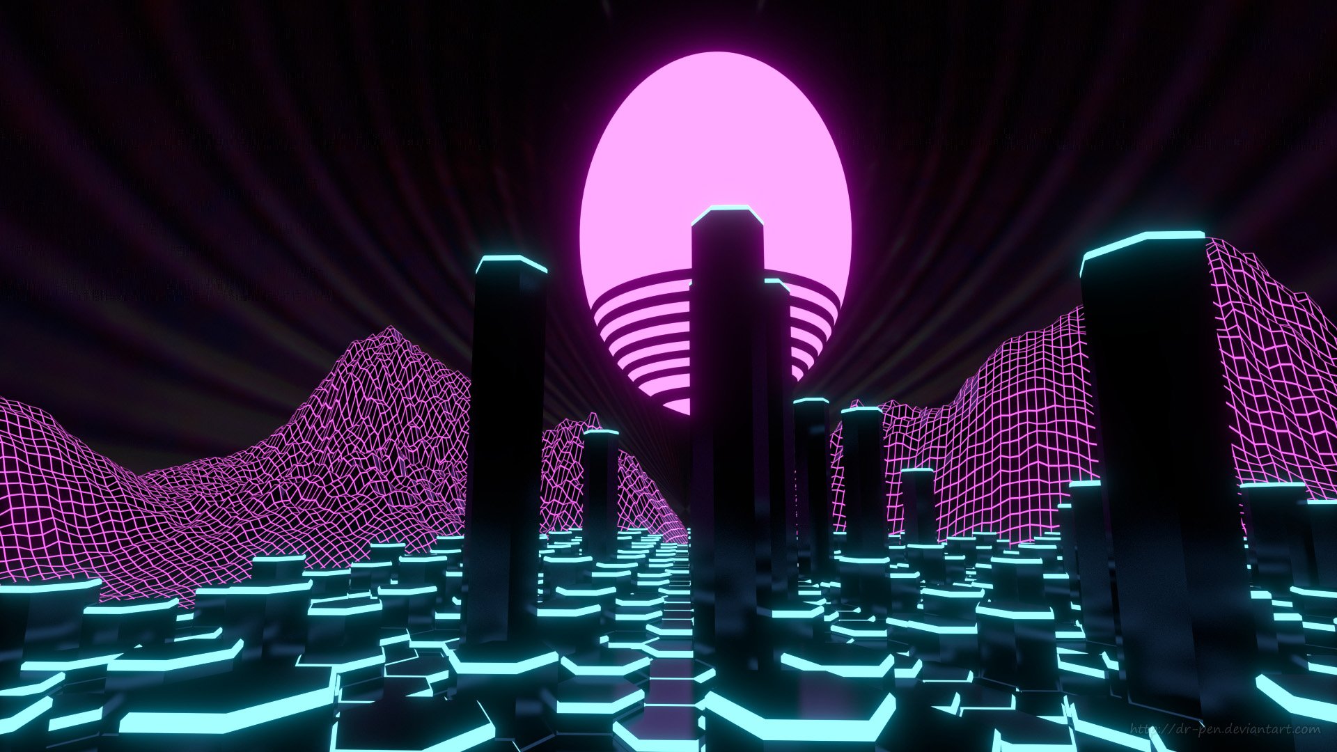 HD 3D CGI outrun/retrowave vaporwave synthwave desktop wallpaper: neon cyan grid plains, magenta wireframe mountains, dark monoliths silhouetted before a glowing pink sun — abstract retro scene.