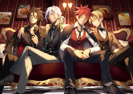 HD PC wallpaper of Food Wars: Shokugeki no Soma — Takumi Aldini, Akira Hayama, Ryō Kurokiba and Sōma Yukihira in sharp suits lounging on a lavish sofa in a warm, ornate room.
