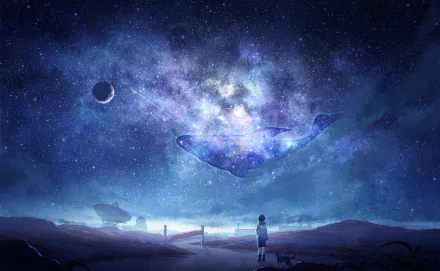 An HD anime wallpaper featuring a starry night sky with a whale constellation, a child, and a cat gazing up, creating a surreal, celestial scene. Tags include star, sky, whale, night, cat, and child.