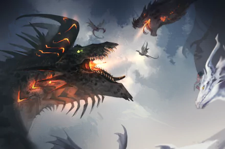 A 4K Ultra HD fantasy desktop wallpaper featuring a fierce dragon with glowing lava veins roaring amidst flying dragons in a dramatic cloudy sky.