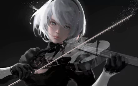 A HD desktop wallpaper featuring YoRHa No.2 Type B from the video game NieR: Automata, playing a violin against a dark background.
