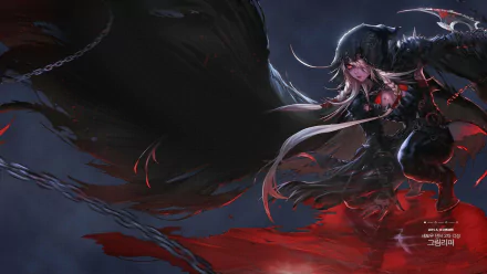 HD PC desktop wallpaper: a blonde assassin from Dungeon Fighter Online, cloaked in shadowy wings, blades drawn and crouched over blood-red mist — dark, dramatic video game background.