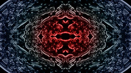 An abstract HD desktop wallpaper featuring intricate patterns in cool tones of black, red, and silver, creating a dynamic and visually striking background.