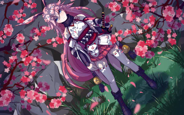 HD PC desktop wallpaper featuring Yae Sakura from Benghuai Xueyuan in an anime style, surrounded by vibrant cherry blossoms.