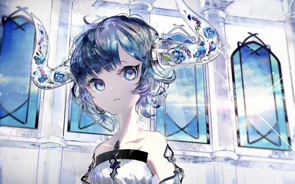 Anime Original Horns Short Hair Blue Hair Blue Eyes Flower HD Wallpaper | Background Image