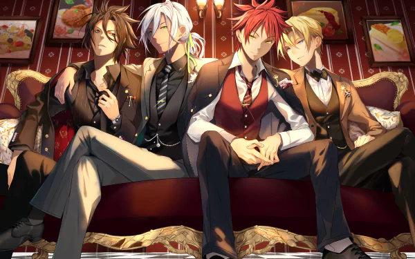 HD PC wallpaper of Food Wars: Shokugeki no Soma — Takumi Aldini, Akira Hayama, Ryō Kurokiba and Sōma Yukihira in sharp suits lounging on a lavish sofa in a warm, ornate room.