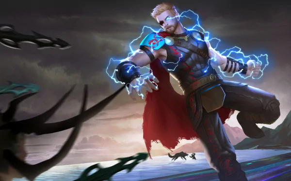 HD PC desktop wallpaper featuring Thor from the movie Thor: Ragnarok, depicted with glowing blue lightning and a red cape against a stormy background.