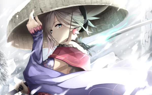 HD wallpaper featuring Miyamoto Musashi from Fate/Grand Order in a snowy environment, showcasing beautiful anime art with an ethereal atmosphere.