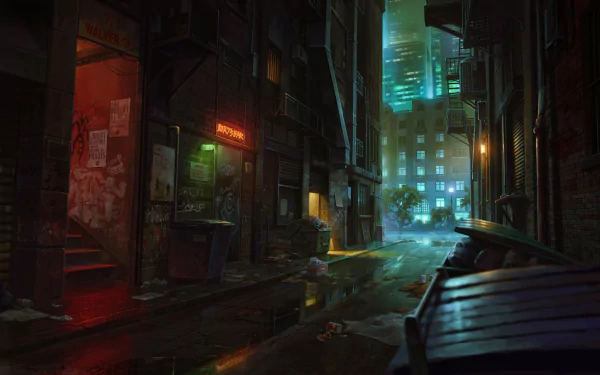 HD cyberpunk sci-fi alley at night with neon lights reflecting off wet pavement, set against a futuristic cityscape, designed as a PC desktop wallpaper.