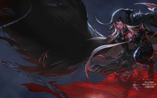 HD PC desktop wallpaper: a blonde assassin from Dungeon Fighter Online, cloaked in shadowy wings, blades drawn and crouched over blood-red mist — dark, dramatic video game background.