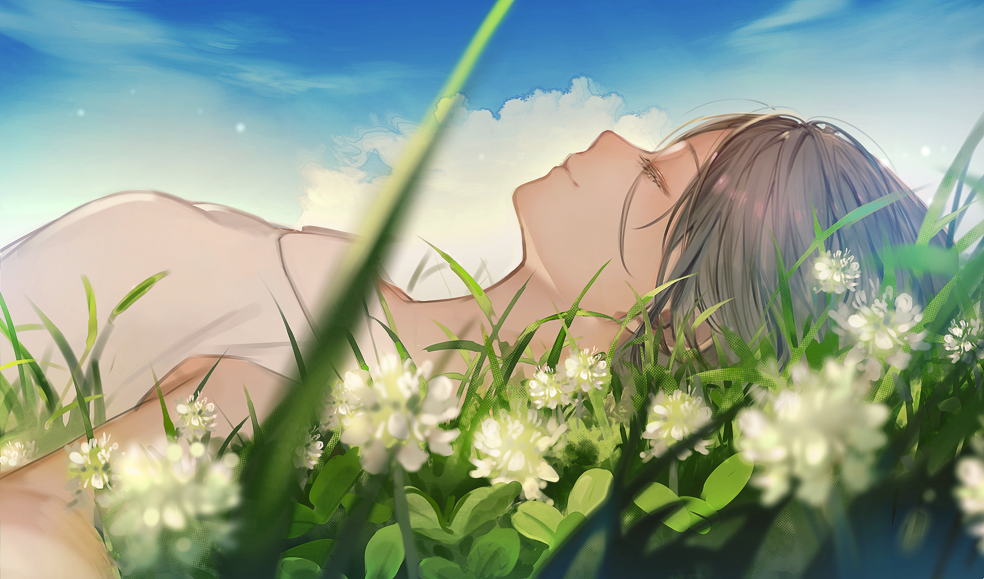 An original HD anime desktop wallpaper featuring a smiling character with long brown hair lying in a field of white flowers under a bright blue sky.