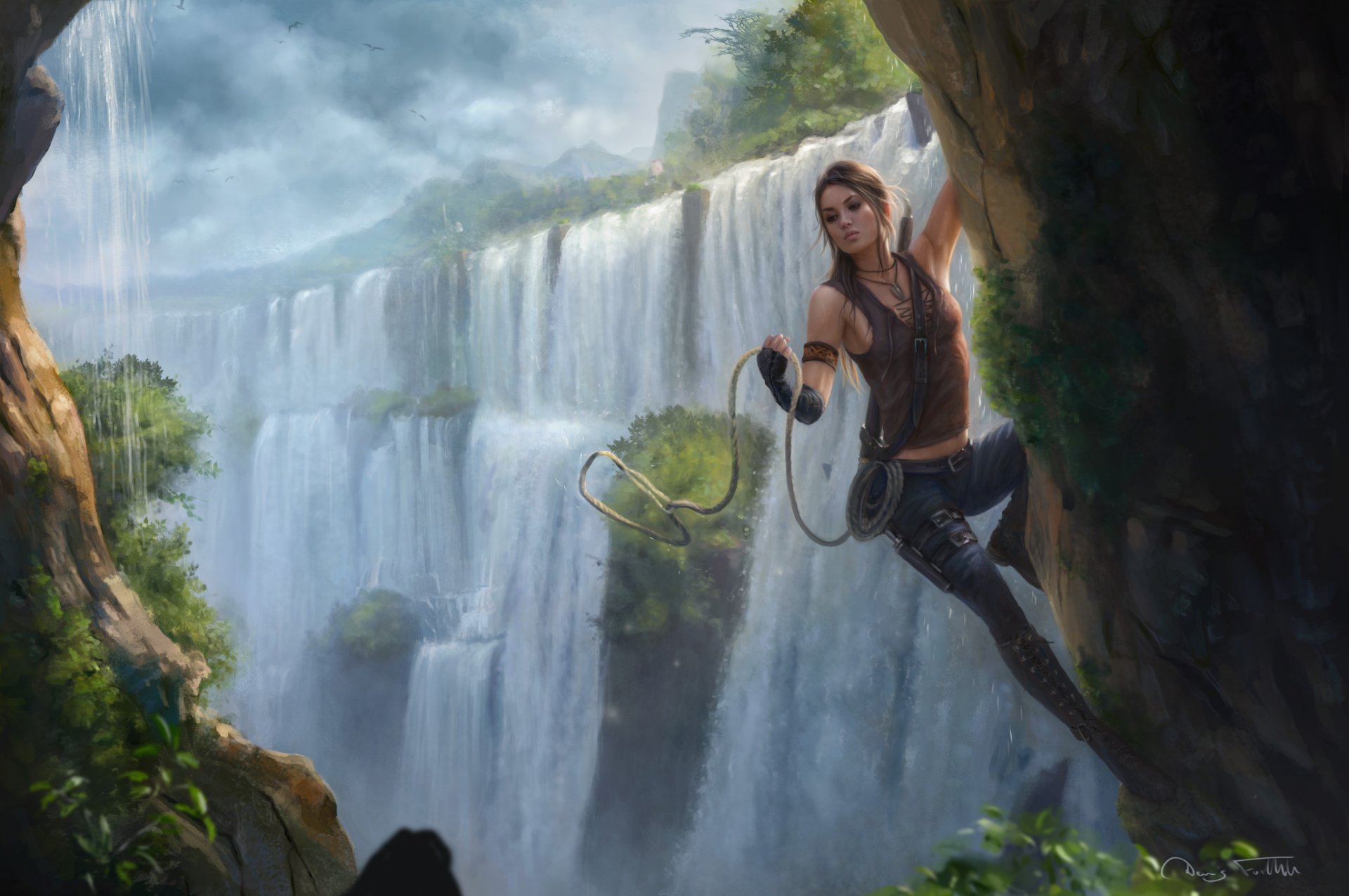 HD fantasy PC wallpaper of a woman perched on a rock near a lush, cascading waterfall surrounded by mist and greenery.