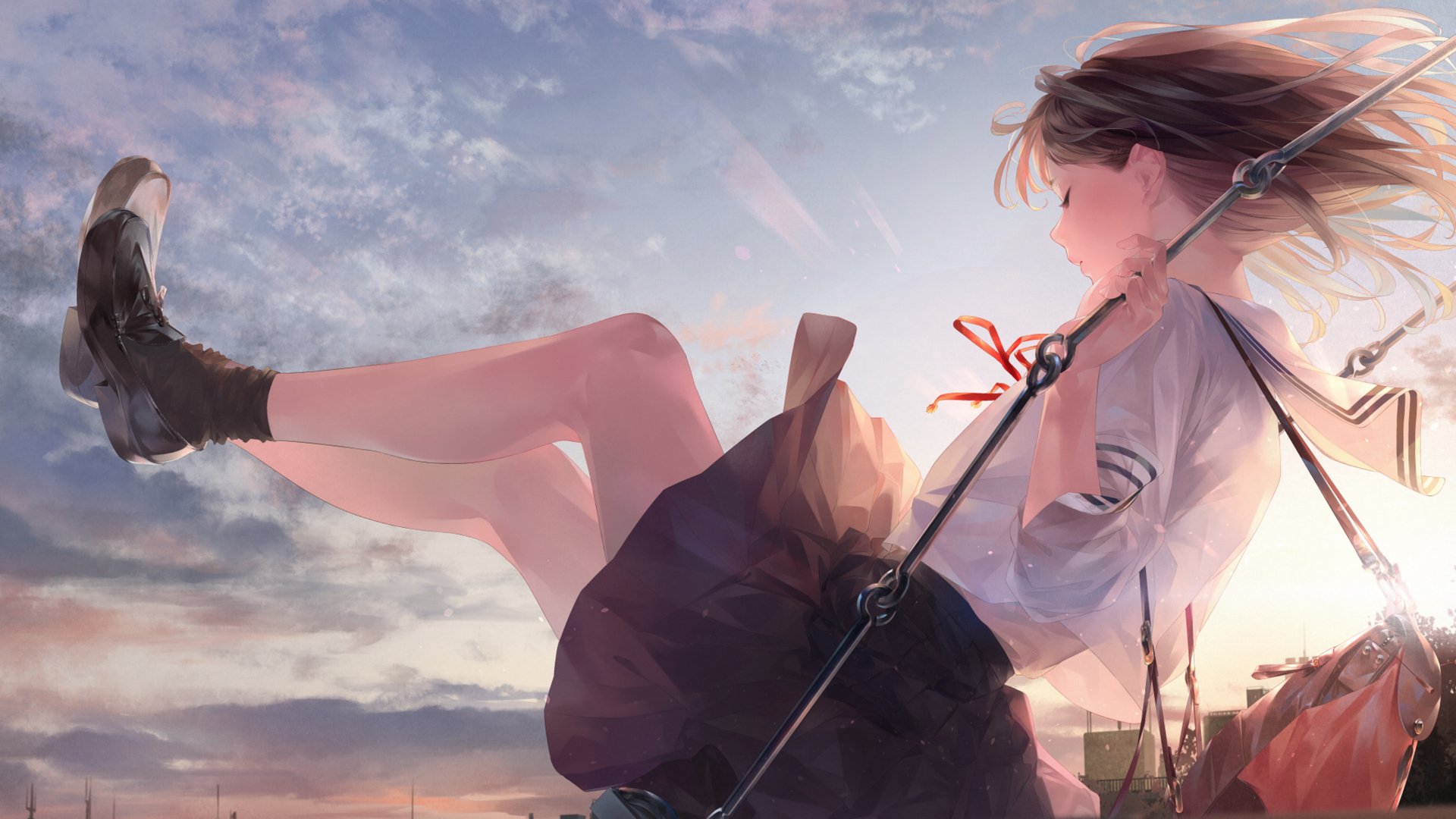 HD desktop wallpaper featuring an anime girl on a swing, set against a stunning sky backdrop. The image captures the girl's carefree moment, with her hair and skirt flowing in the breeze.