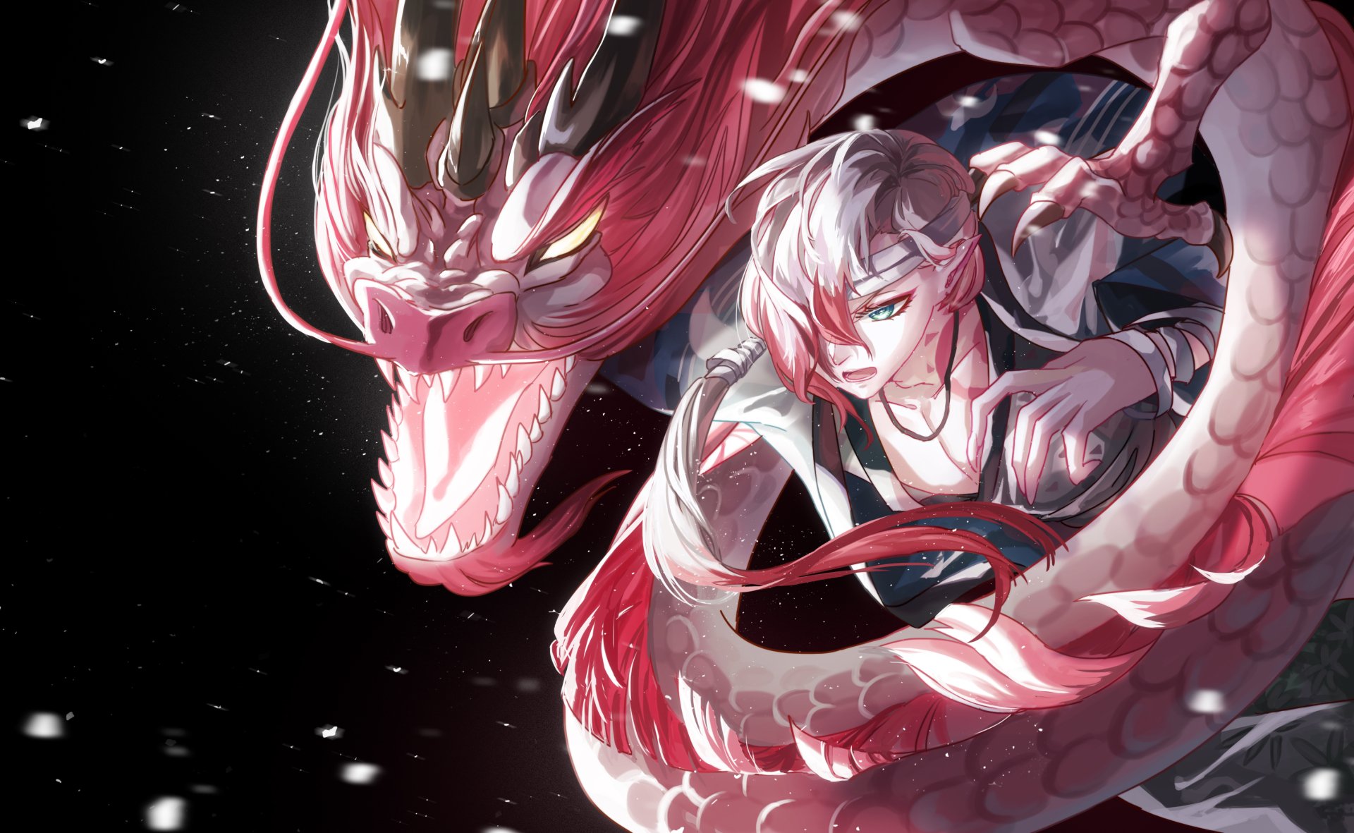 HD fantasy wallpaper featuring an Onmyoji character with white short hair, blue eyes, and pointed ears, entwined with a red oriental dragon against a dark background.