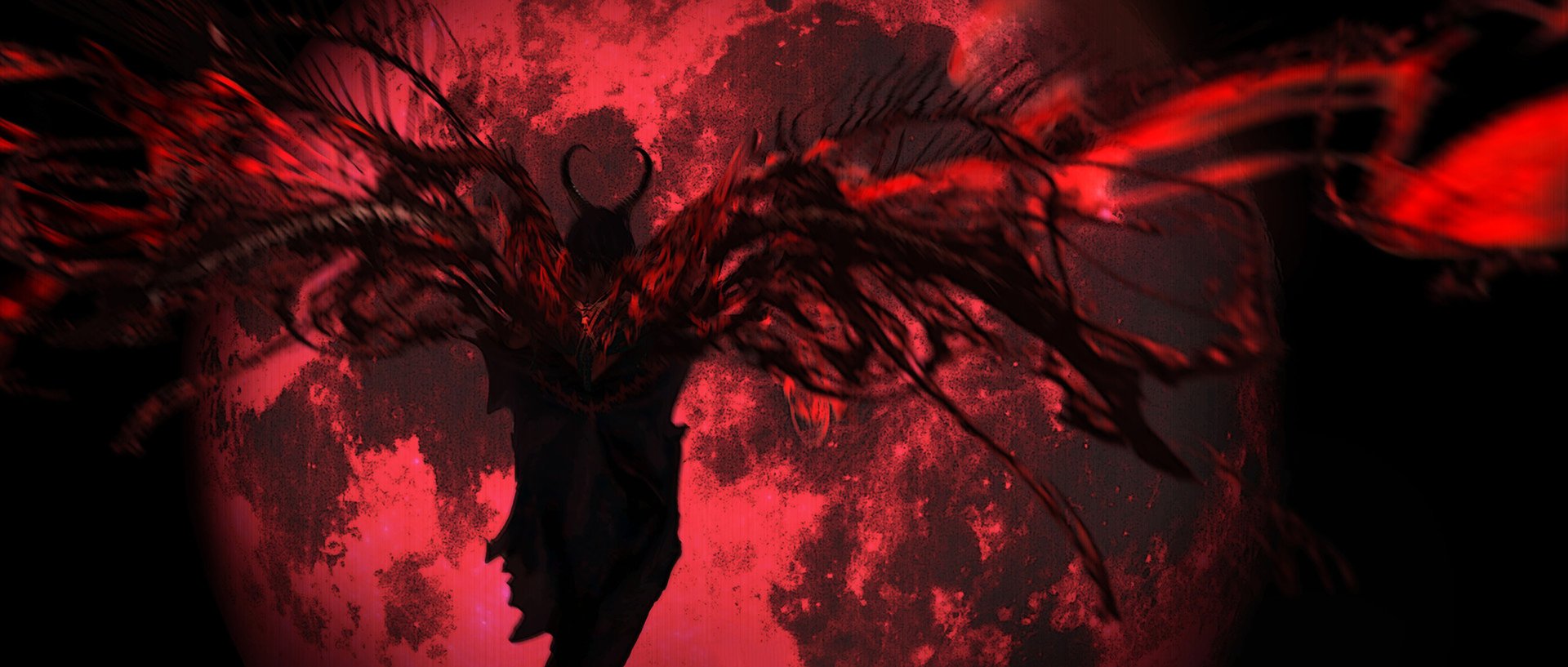 Dark anime-themed HD PC desktop wallpaper features a shadowy figure with flowing, feather-like wings against a vivid red and black background, embodying a dark original style.