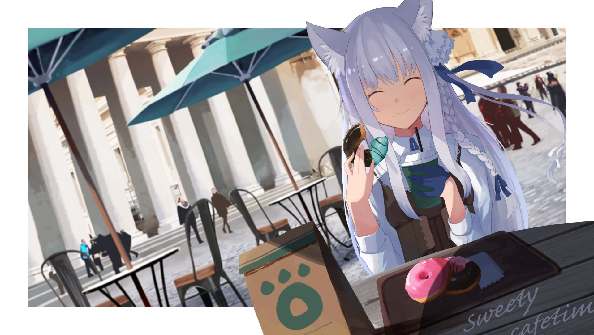 Anime-style original HD desktop wallpaper featuring a girl with animal ears enjoying a snack at an outdoor café in front of classical architecture.
