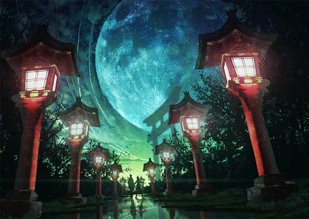 HD wallpaper featuring an oriental anime scene with traditional lanterns illuminating a path under a large, glowing planet in the night sky, creating a serene and mystical atmosphere.