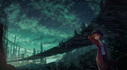 Anime artwork of a city at night with a starry sky and shooting stars, featuring a character standing near a bridge. HD desktop wallpaper.