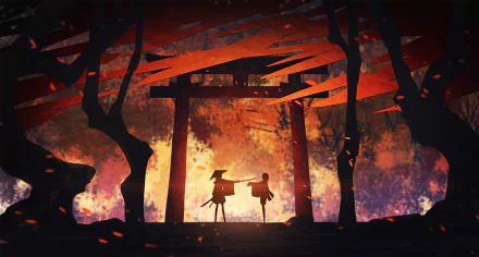 HD anime-style desktop wallpaper depicting an original autumn scene with two figures under a torii gate surrounded by fall foliage in a warm, oriental-inspired setting.