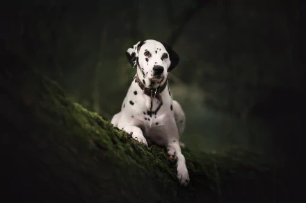 HD desktop wallpaper featuring a Dalmatian dog resting on mossy ground in a dark, natural setting.