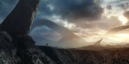 HD desktop wallpaper featuring a stunning sci-fi mountain landscape with dramatic rock formations and a lone figure standing on a ridge under a moody, cloud-filled sky.