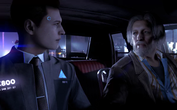 Hank Anderson and Connor from the video game Detroit: Become Human sit together in a car, captured in a detailed 4K Ultra HD PC desktop wallpaper.