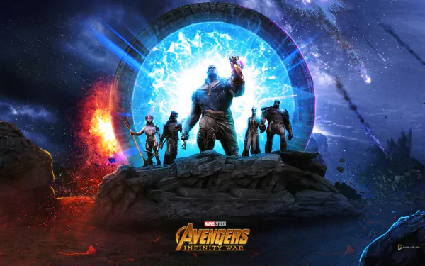 HD wallpaper of Avengers: Infinity War featuring Thanos, Cull Obsidian, Proxima Midnight, Corvus Glaive, and Ebony Maw standing on a rocky terrain with a glowing portal in the background.