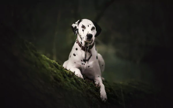 HD desktop wallpaper featuring a Dalmatian dog resting on mossy ground in a dark, natural setting.