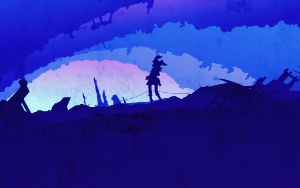 Anime HD PC desktop wallpaper from Sword Art Online Alternative: Gun Gale Online, featuring a silhouetted character against a vibrant blue and purple sky with futuristic ruins.