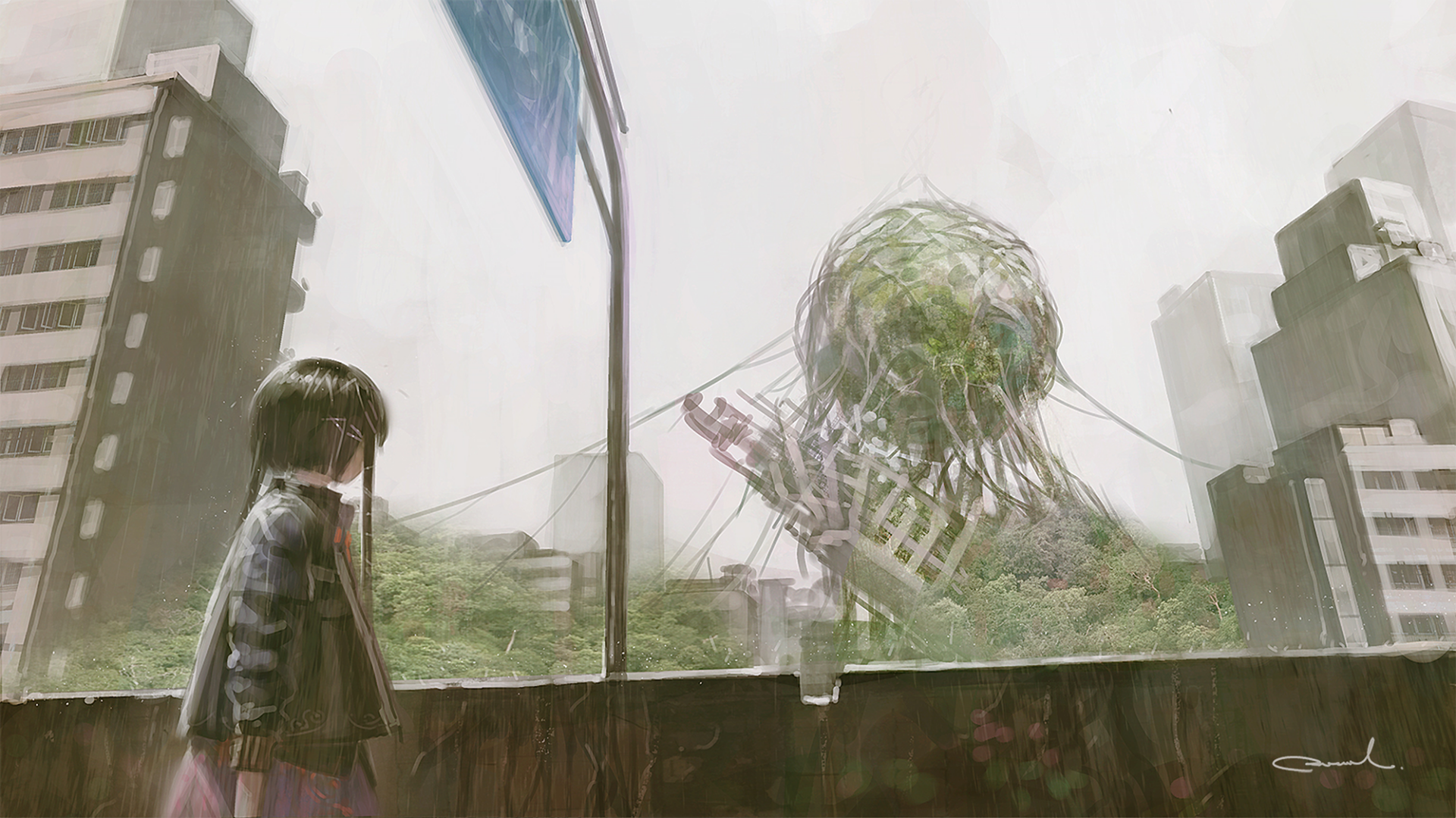 Anime-style HD desktop wallpaper featuring a short-haired character with black hair overlooking a cityscape with a large, tangled spherical structure.