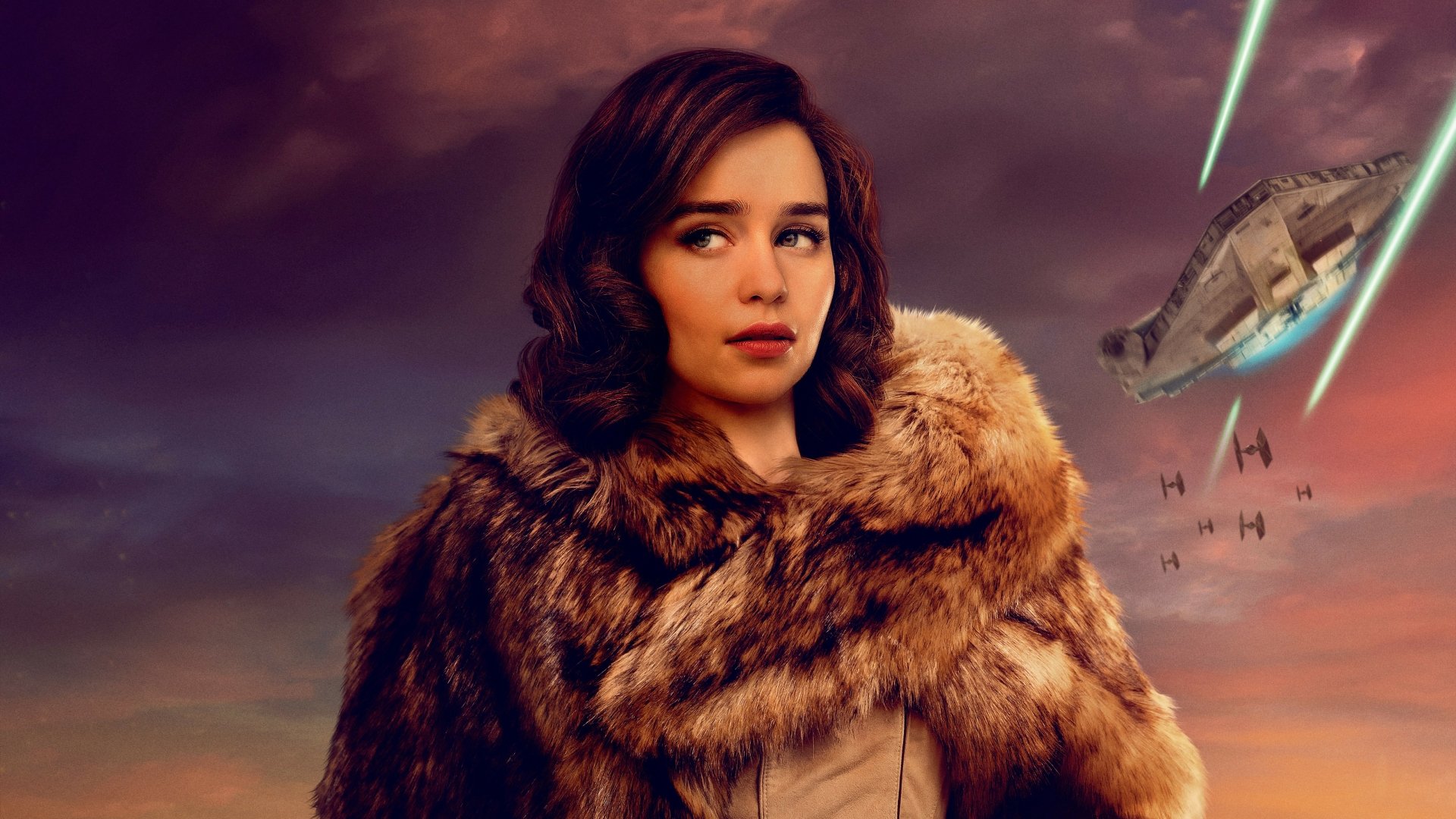 Emilia Clarke as Qi'ra from Solo: A Star Wars Story in a 4K Ultra HD desktop wallpaper with a dramatic space battle background.