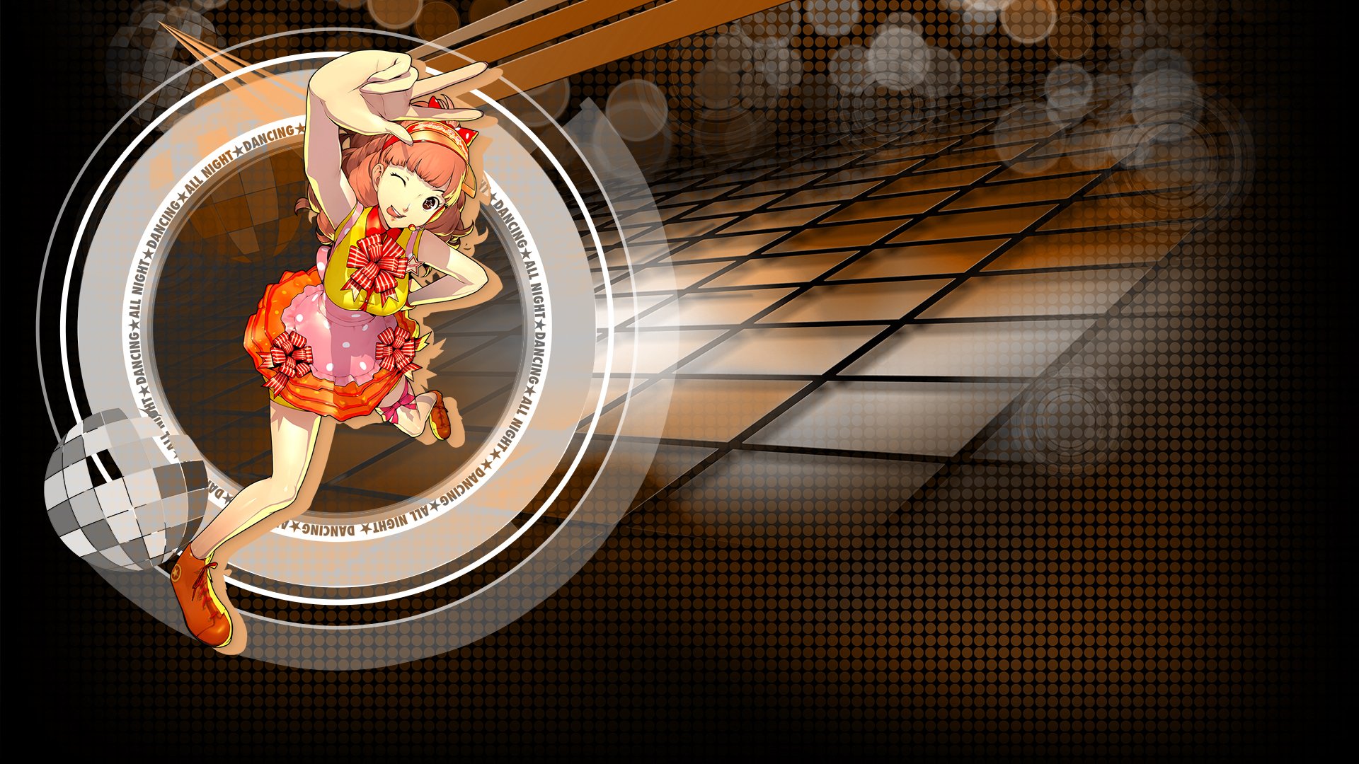 Kanami Mashita (Persona 4: Dancing All Night) in a vibrant orange dance outfit on a glossy tiled stage — HD PC desktop wallpaper/background