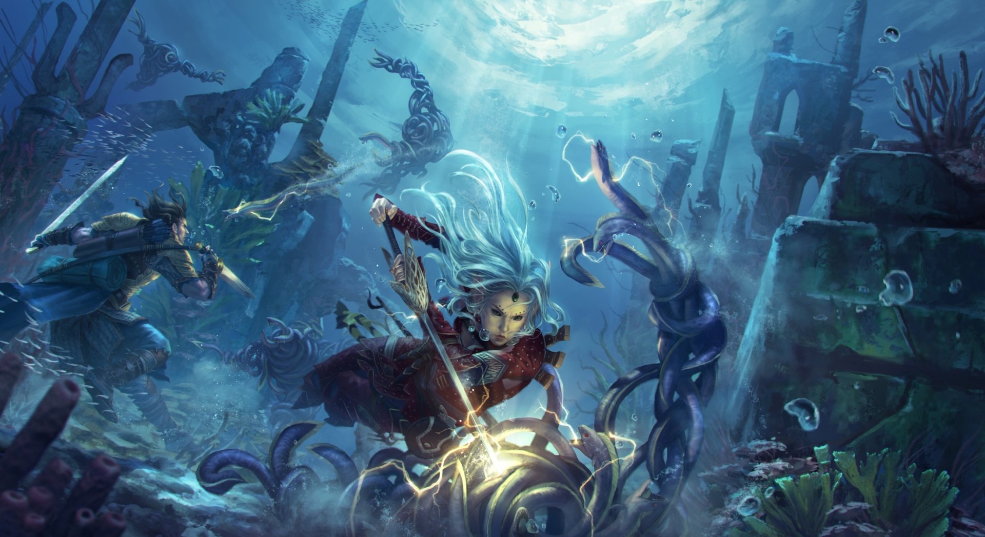 A blue-haired woman warrior wields a dagger underwater, surrounded by ruins and sea creatures, in a vivid fantasy scene for an HD PC desktop wallpaper.