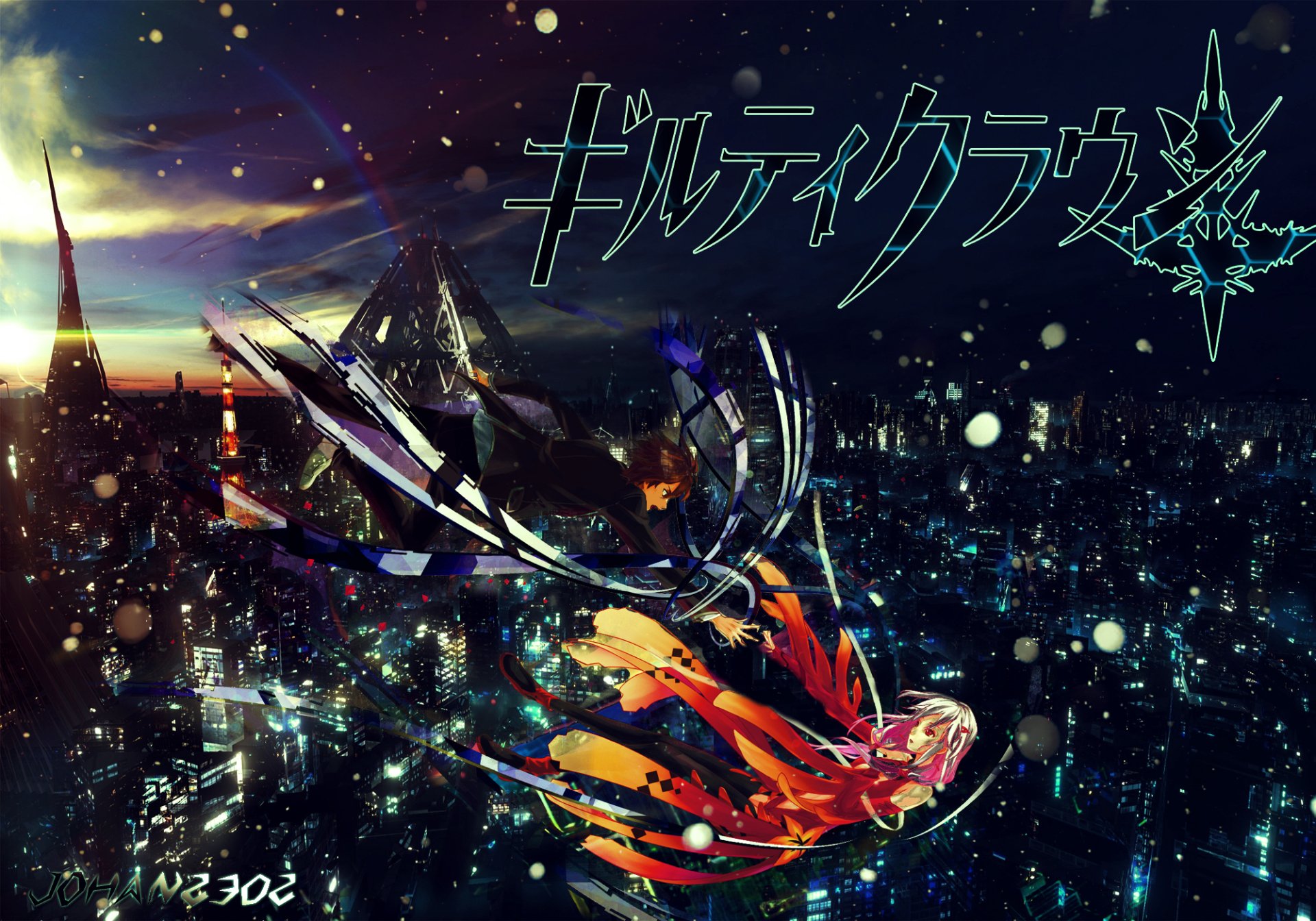 Anime Guilty Crown HD PC desktop wallpaper: protagonist in red-orange cloak floats above a neon-lit city at night, shattered crystalline shards and Japanese series logo in the sky.