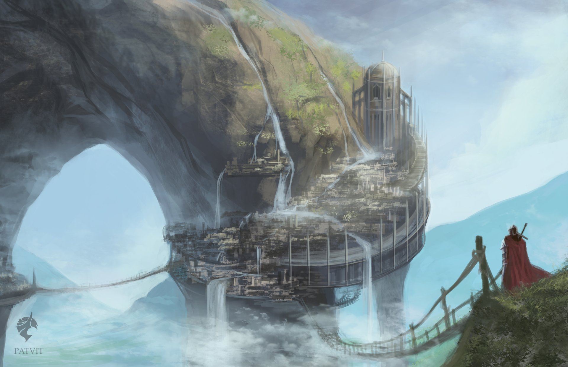 A fantasy warrior stands on a bridge overlooking a majestic city built on an arch with cascading waterfalls, rendered in stunning 4K Ultra HD for a PC desktop wallpaper.