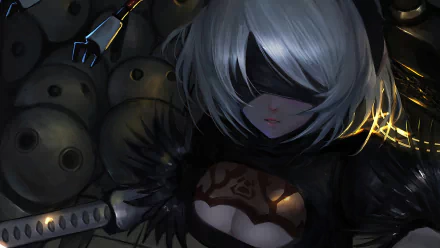 HD desktop wallpaper featuring YoRHa No.2 Type B from the video game NieR: Automata. The character, with her silver hair and distinctive outfit, stands before a background filled with robotic elements.