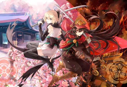 4K Ultra HD Fate/Grand Order wallpaper featuring Demon Archer and Sakura Saber in dynamic anime style with cherry blossoms and fiery background elements.